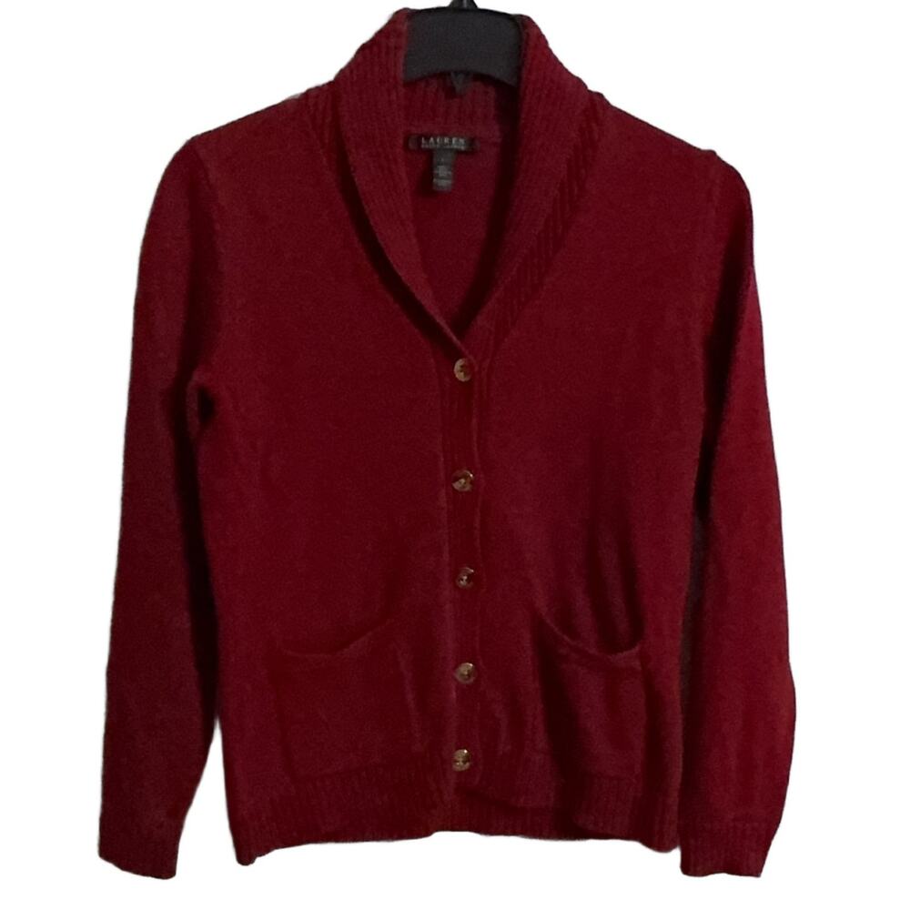 LAUREN RALPH LAUREN Women's Red Cardigan Sweater Size L 100% Cotton Pockets